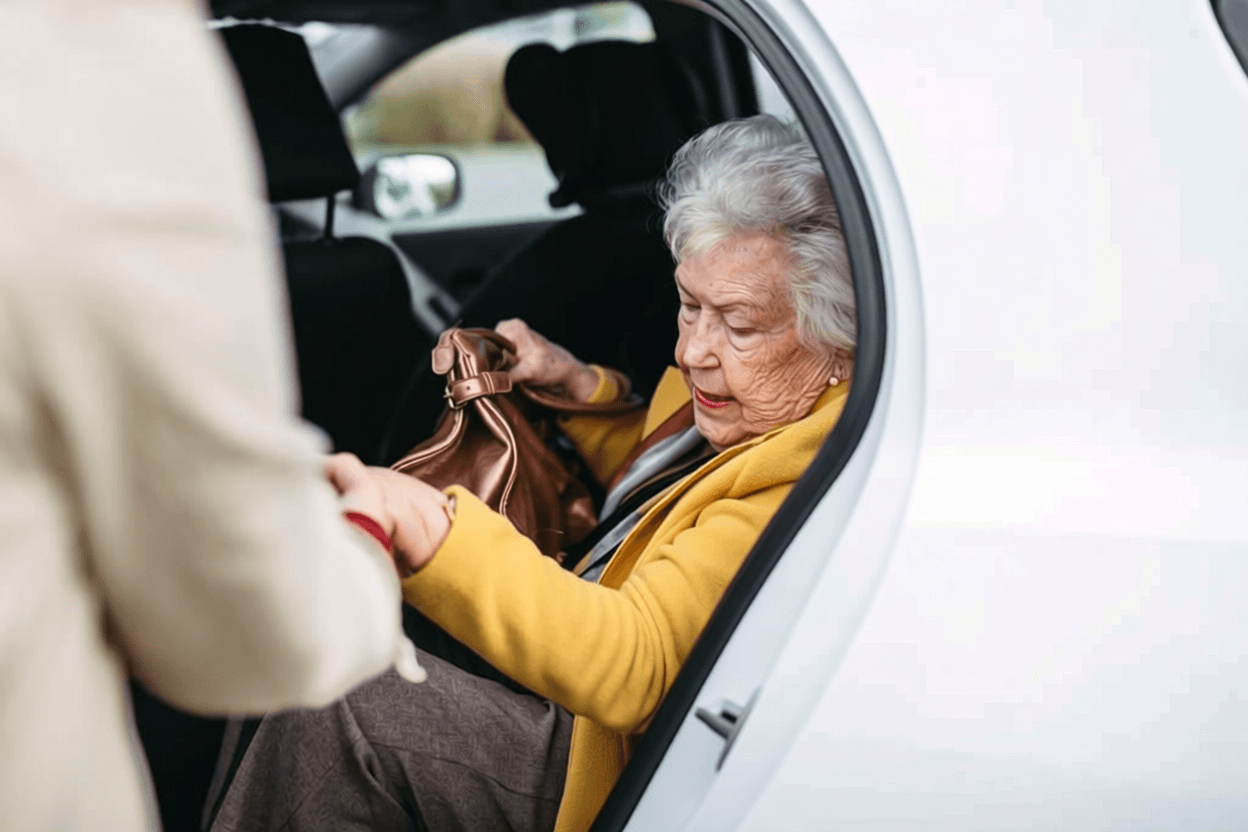 Alte Frau wird aus dem Funkmietwagen herausgeholfen.